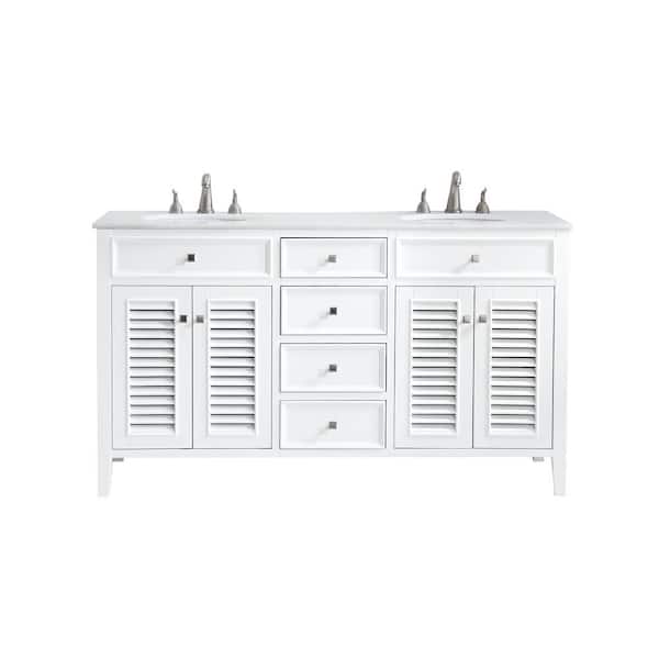 Unbranded Simply Living 60 in. W x 21 in. D x 35 in. H Bath Vanity in Antique White with Ivory White Engineered Marble