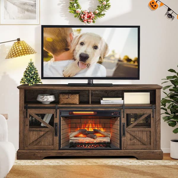 59 in. Freestanding Electric Fireplace TV Stand with 27 in. Fireplace Insert in Brown, Tempered Glass Front,Remote