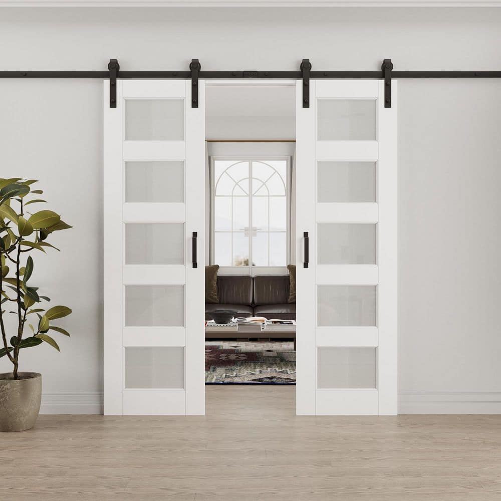 48 in. x 80 in. 5-Lite Tempered Frosted Glass White Primed MDF Composite Sliding Barn Door with Hardware Kit price history on PriceWatchPro