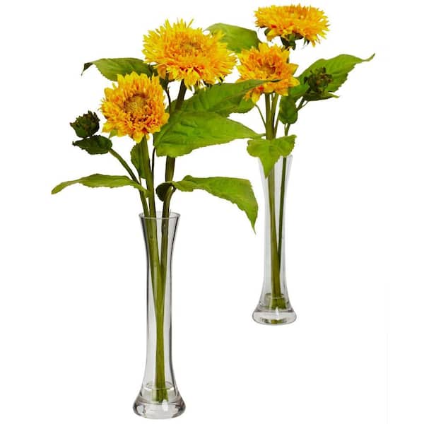 Nearly Natural 16.0 in. H Yellow Golden Sunflower with Bud Vase (Set of 2)-DISCONTINUED