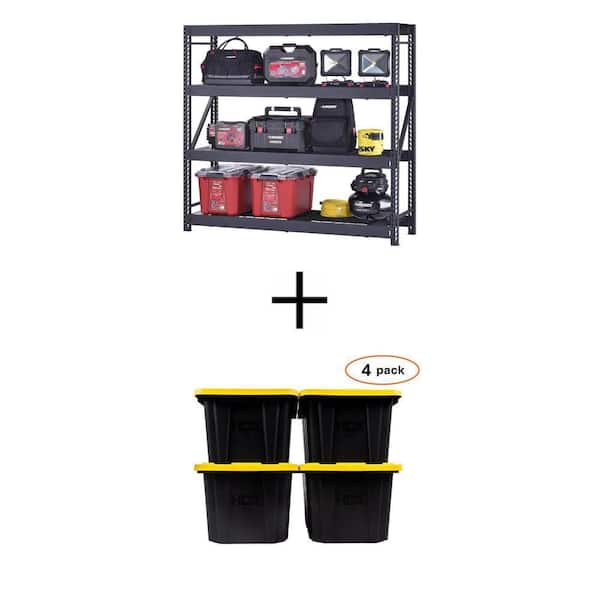 4-Shelf Metal Garage Shelving Unit (77 in.x72 in.x24 in.) and 27 Gal. Black/Yellow Storage Tote Combo (4-Pack)