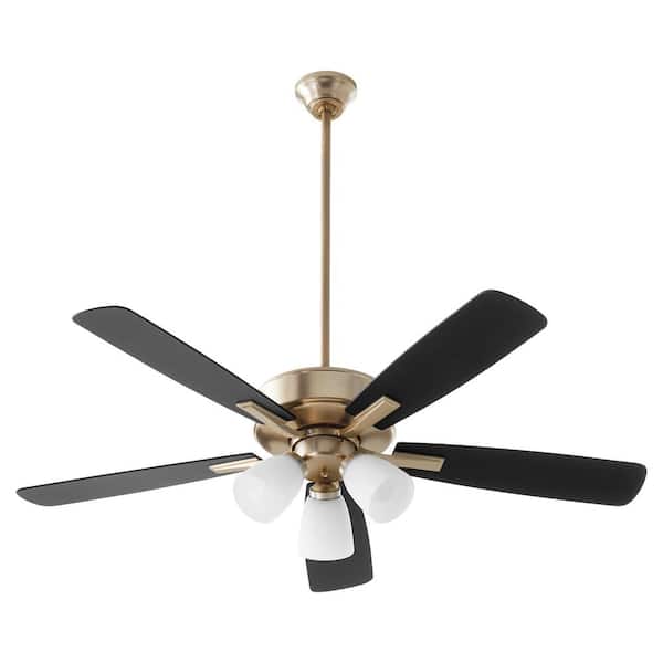 Quorum OVATION 52 in. 5 blade Ceiling Fan 3-Light 9 watt Medium base Lamp Opal - Aged Brass