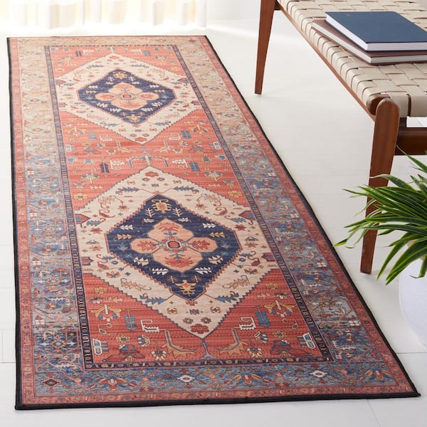 Tucson Rust/Blue 3 ft. x 22 ft. Machine Washable Ornate Border Runner Rug