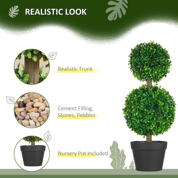 1.95 ft. Artificial Boxwood Topiary Tree in Pot, 2 Ball Fake Plant Bonsai for Indoor & Outdoor Home Office Decor, Green