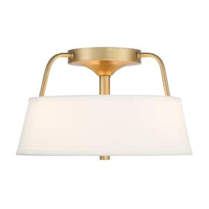 Heatherwood 14 in. 3-Light Vintage Gold Semi-Flush Mount with Fabric Drum Shade and Glass Diffuser