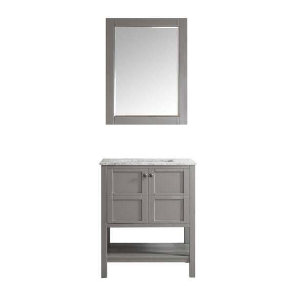 ROSWELL Florence 30 in. W x 22 in. D x 35 in. H Vanity in Grey with Marble Vanity Top in White with Basin and Mirror