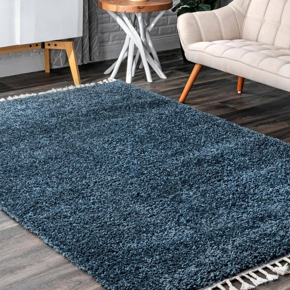 Blue Braided Reversible Shag Area Rug with Tassels