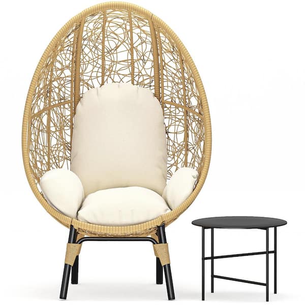 Harper & Bright Designs Natural High-end PE Wicker Outdoor Egg Chair, Lounge Chair with Beige Cushion and Side Table