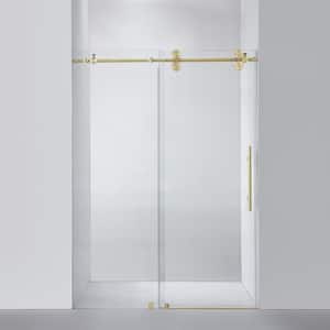 Villena 52 in. W x 78 in. H Single Sliding Frameless Shower Door in Brushed Gold with Clear Glass