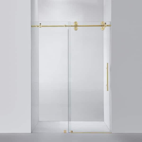 ROSWELL Villena 52 in. W x 78 in. H Single Sliding Frameless Shower Door in Brushed Gold with Clear Glass