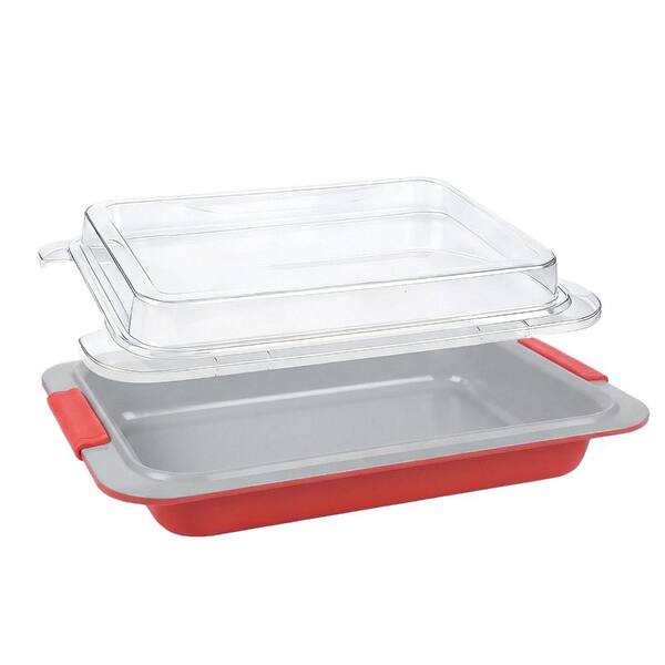 9 in. x 13 in. Deep Nonstick Covered Baking Pan with Snap-On Lid and Silicone Handles, Coral Red 9x13
