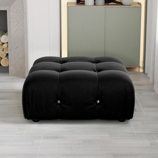 34.65 in. Large Square Bench Tufted Velvet Upholstered Armless Coffee Table Ottoman Living Room Apartment Sofa, Black