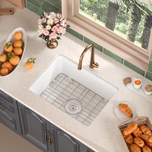 Glen White Rectangular Fireclay 24 in. Single Bowl Undermount/Drop-In Kitchen Sink with Basket Strainer and Sink Grid