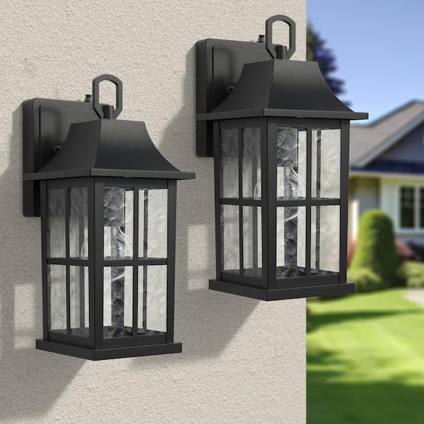 Hawaii 13 in. H 1-Bulb Black Hardwired Outdoor Wall Lantern Sconce with Dusk to Dawn (2-Pack)
