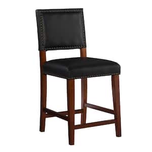 Brook 24 in. Cherry Brown Cushioned Back Wood Counter Stool with Black Faux Leather Seat