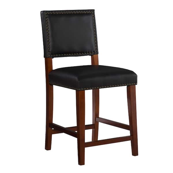 Linon Home Decor Brook 24 in. Cherry Brown Cushioned Back Wood Counter Stool with Black Faux Leather Seat