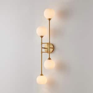 4-Light Antique Brass Wall Sconce with Frosted Opal Ribbed Glass Shade