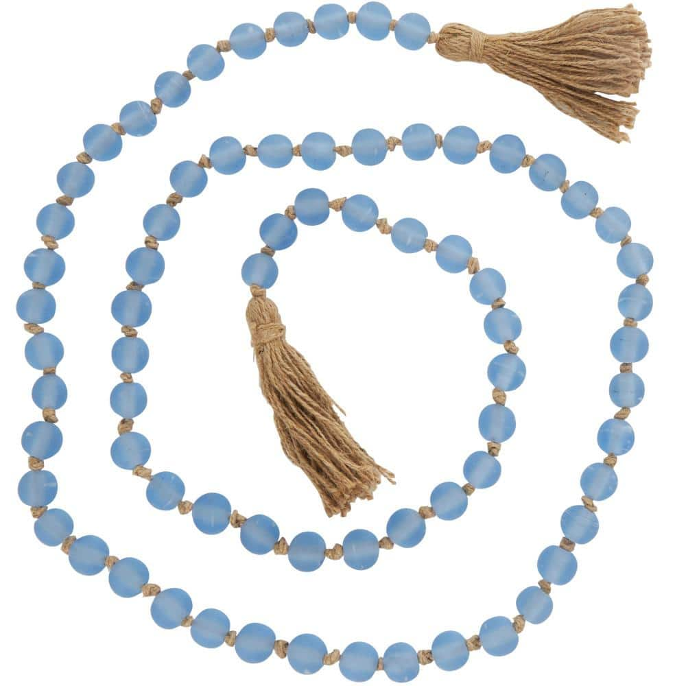 Litton Lane Light Blue Handmade Glass Round Long Frosted Beaded Garland with Tassel with Knotted Brown Jute