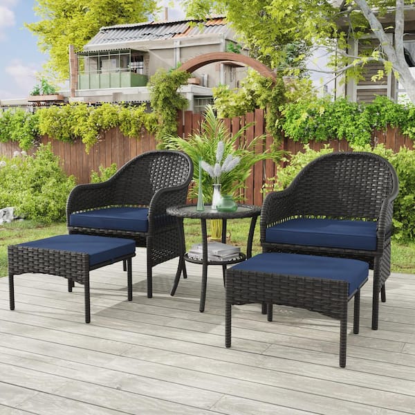 Unbranded 5-Piece Wicker Outdoor Patio Conversation Set Bistro Set with Blue Cushions and 2 - Hidden Ottomans for Backyard Balcony