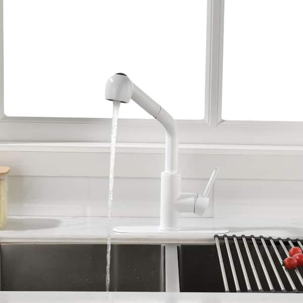 UPIKER Modern Single Handle Single Hole Stainless Steel Bathroom Faucet with Pull Out Sprayer in White