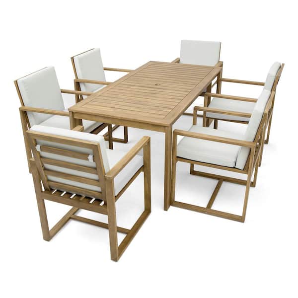 Teak 7-Piece Wood Outdoor Dining Set with White Cushion and Umbrella Hole for Patio, Deck, Backyard, Garden and Poolside