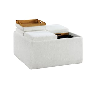 Sloane White Boucle Polyester Fabric Square Mobile Ottoman With Removable Trays and Storage