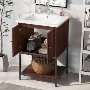 24 in. W x 18 in. D x 34 in. H Freestanding Bath Storage Vanity in Walnut with White Ceramic Top Single Basin Sink