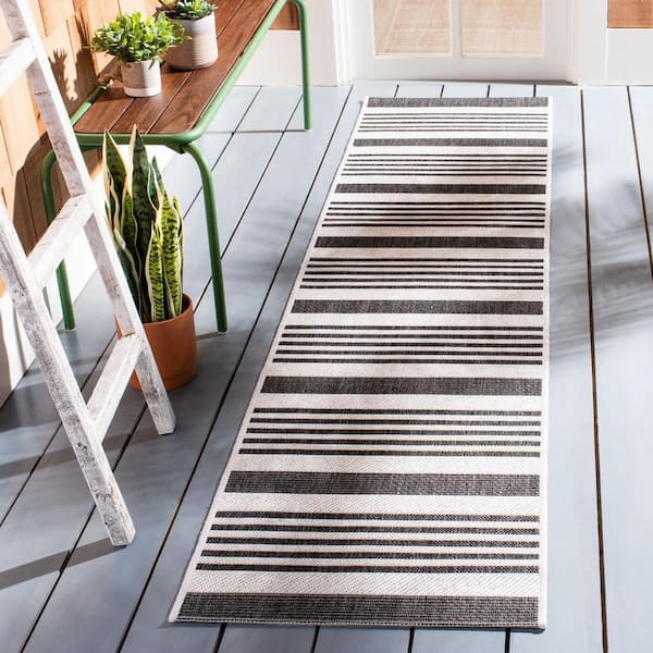 Beach House Light Gray/Charcoal 2 ft. x 8 ft. Striped Indoor/Outdoor Patio  Runner Rug