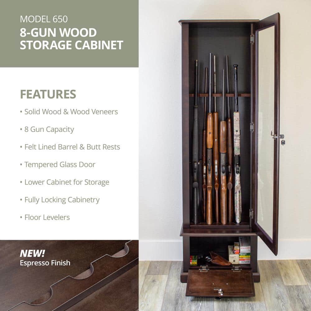 Dark Brown Solid Wood 8-Gun Display Cabinet with Locking Glass Door