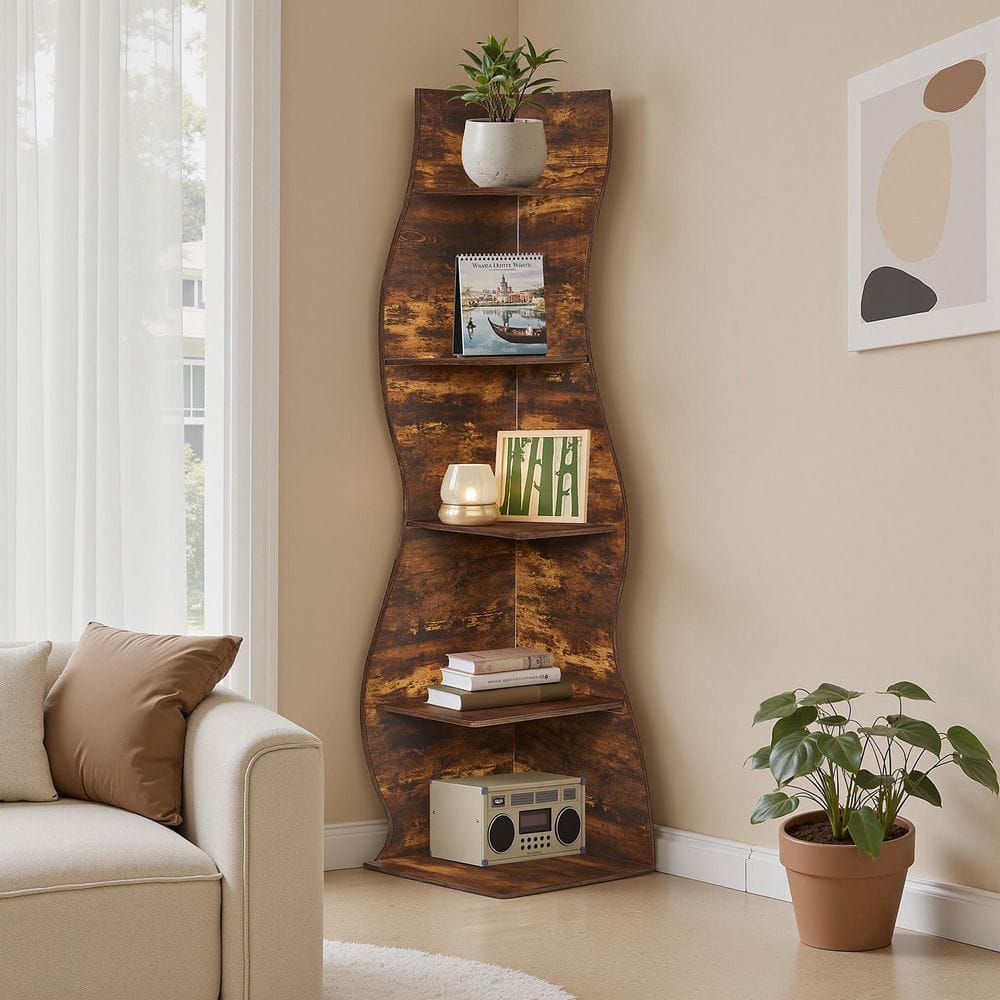 "5-Tier Wave Corner Bookcase in Black, 70"" Tall S-Shaped Freestanding Shelf for Living Room Bedroom Office, Brown" price history on PriceWatchPro