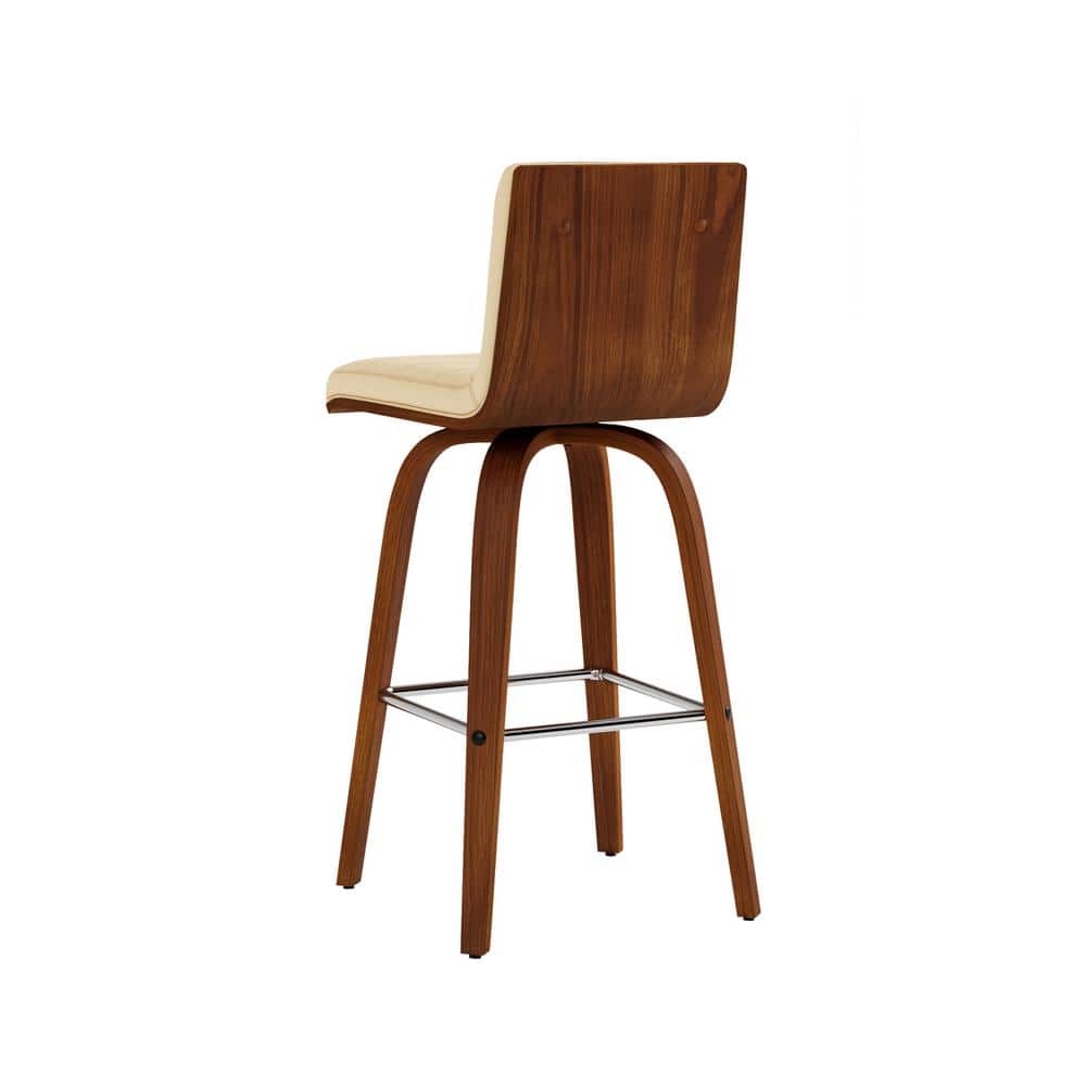 26" Cream Faux Leather and Walnut Wood Swivel Bar Stool