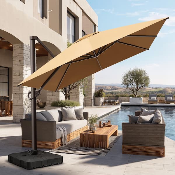 Pellebant 12.5 ft. x 10 ft. Aluminum 360° Rotation Cantilever Offset Tilt Patio Umbrella in Tan, Base Stand with Wheels Included
