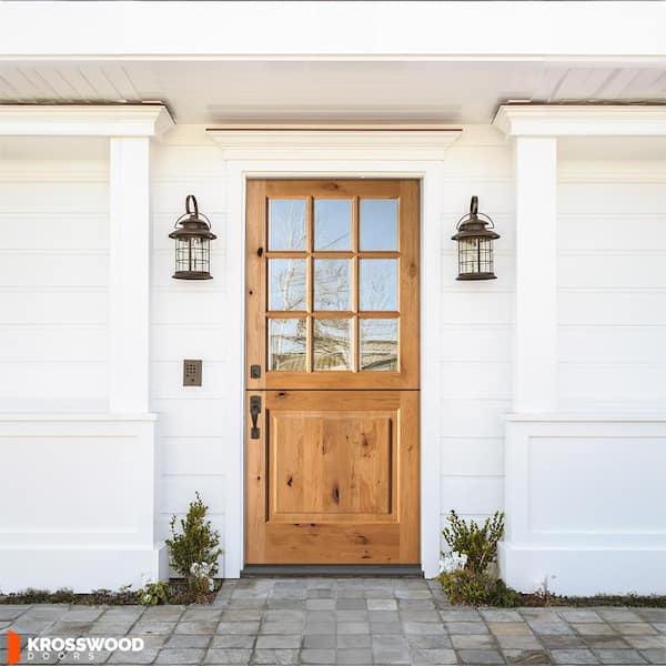 36 in. x 80 in. Farmhouse Knotty Alder Right-Hand/Inswing 9 Lite Clear Glass Clear Stain Dutch Wood Prehung Front Door