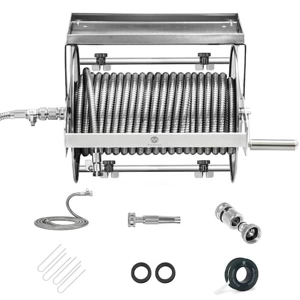 Morvat Stainless Steel 150 ft. Hose Reel with Shelf and Crank, Wall/Floor  Mount, Included 100 ft. Water Hose and Accessories MOR-FULL-HOSEREEL-150-A  - The Home Depot