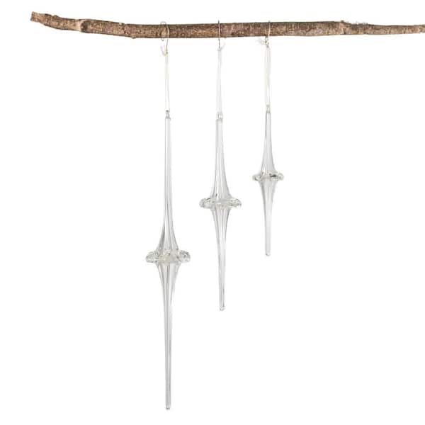 SULLIVANS 14.75 in. , 9.75 in. and 7.5 in. Glass Icicle Ornament - Set of 3, Clear Christmas Ornaments