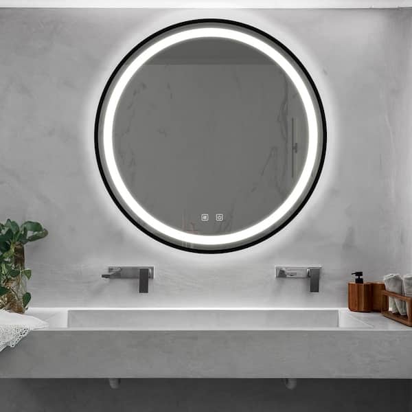 Cesicia 32 in. W x 32 in. H Round Framed Wall Anti-Fog LED Light Bathroom Vanity Mirror Black , Switch Control