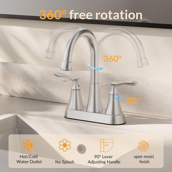 BWE 4 in. Centerset 2-Handle High-Arc Bathroom Faucet in Brushed