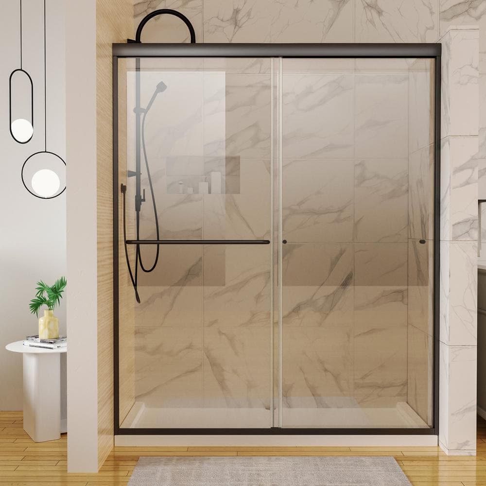 60 in. W x 72 in. H Double Sliding Framed Shower Door in Matte Black with 6
