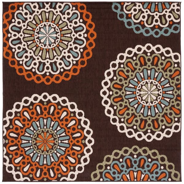 Veranda Chocolate/Terracotta 5 ft. x 5 ft. Geometric Floral Indoor/Outdoor Square Area Rug