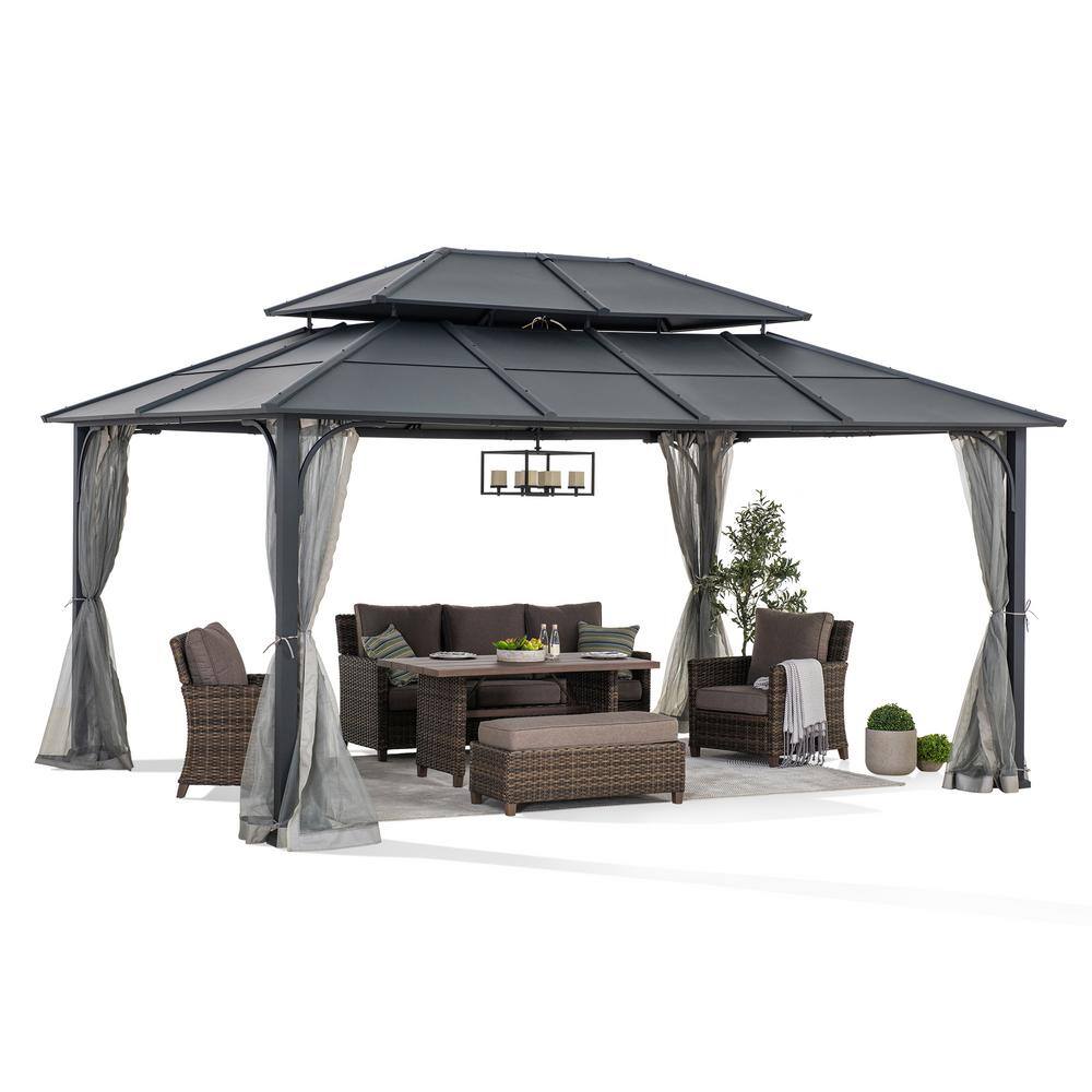 Sunjoy 12 x 16 ft. Black Steel Hardtop Gazebo with Netting