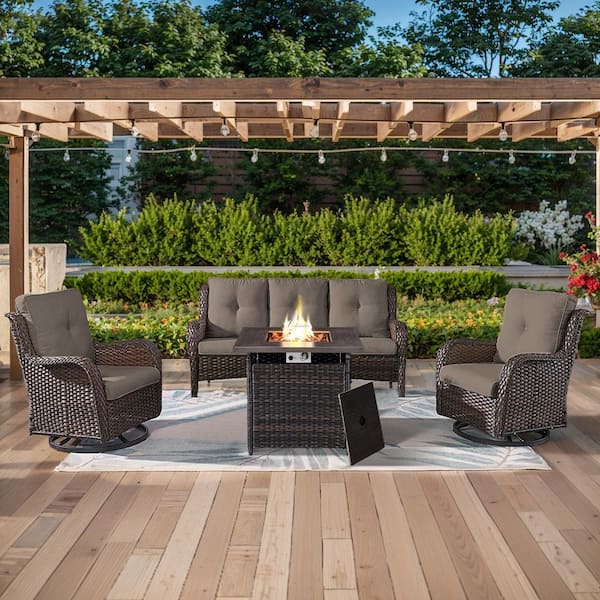 ArcoBay 4-Piece Brown Wicker Patio Square Fire Pit Conversation Set with Gray Cushions and Swivel Rocking Chairs