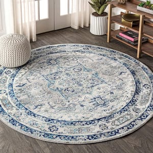 Modern Persian Vintage Medallion Light Grey/Blue 5 ft. Round Area Rug