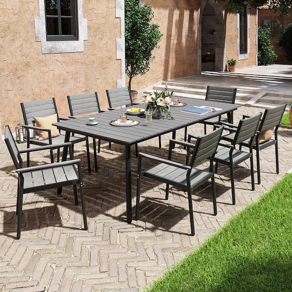 Pellebant 82.5 in. Gray Aluminum Wood-Like Outdoor Dining Set with Umbrella Hole and Stackable Armchairs (9 Pieces)