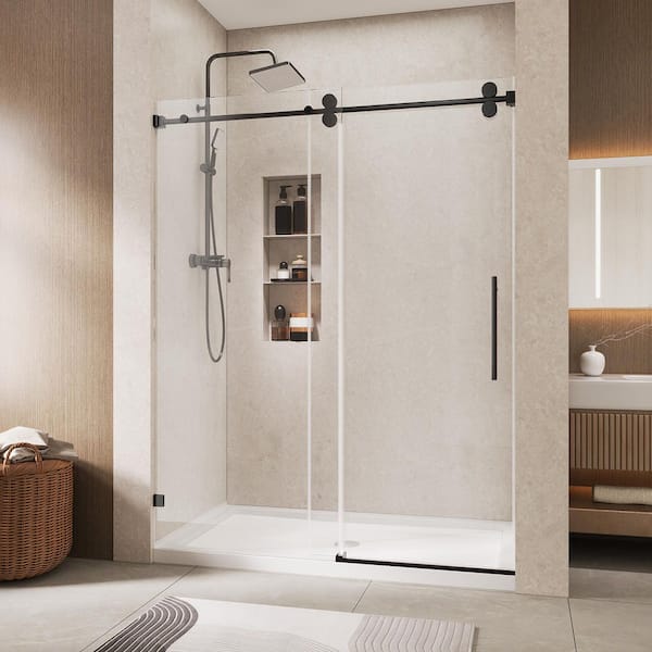 60 in. W x 76 in. H Frameless Smooth Sliding Shower Door in Mattle Black with 5/16 in. (8mm) Clear Glass