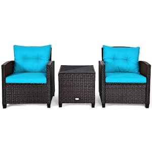 3-Piece Wicker PE Rattan Patio Conversation Set with Turquoise Cushions
