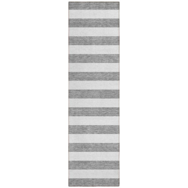 Gray and White 2 ft. x 8 ft. Woven Striped Polyester Runner Indoor/Outdoor Area Rug