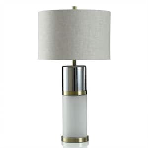 32 in. White Frosted, Smokey Grey, Brushed Brass Table Lamp with Heathered Beige Linen Shade