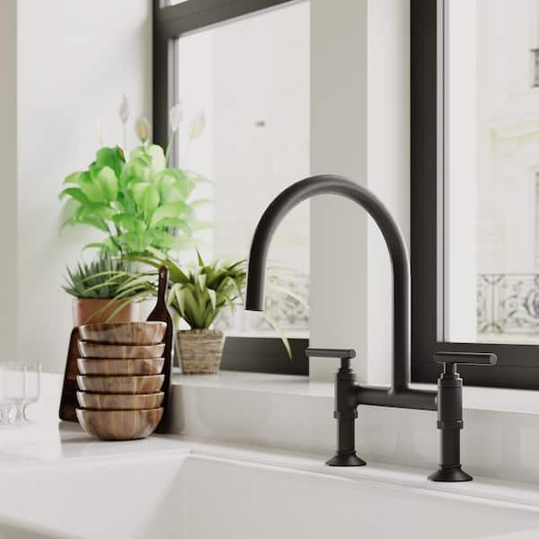 Modern Double-Handle 2-Holes Deck Mount Bridge Kitchen Faucet with 360 Swivel Spout Sink Faucet in Matte Black