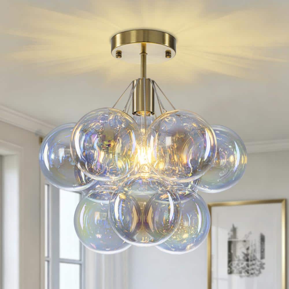 14.17 in. 1-Light Modern Gold Cluster Semi Flush Mount Ceiling Light with Hand-Blown Colorful Reflective Glass Globes price history on PriceWatchPro
