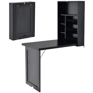 23.5 in. Folding Black Wall-Mounted Convertible Computer Desk Floating Desk Storage Bookcases Adjustable Shelves